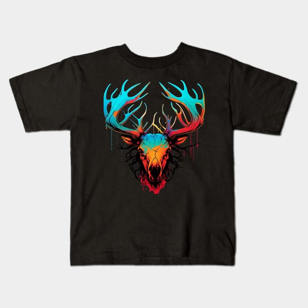 Colorful Elk Skull Kids T-Shirt by AI INKER